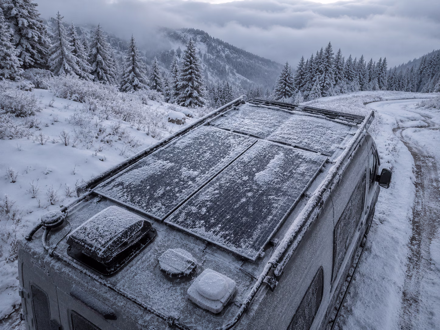 Camper van with frosted solar panels parked in a snowy mountain landscape during winter